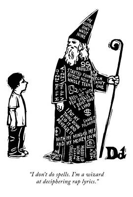 Wizard Wall Art featuring the drawing A Wizard With Phrases Written All Over His Cloak by Drew Dernavich
