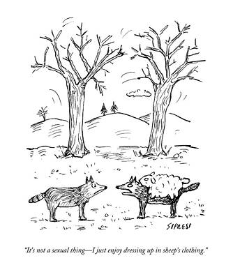 Fairy Tale Drawing - A Wolf In A Sheep Pelt Talking To Another Wolf by David Sipress