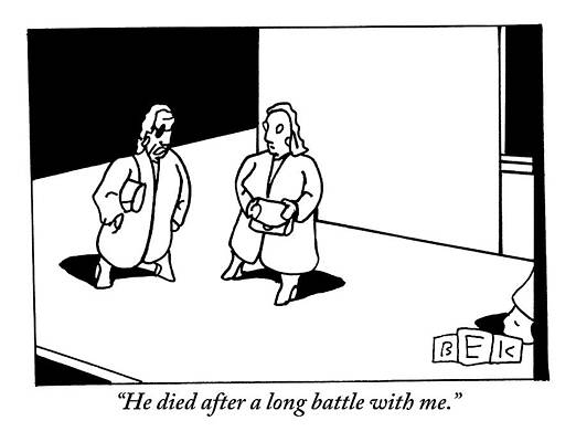 Battle Wall Art featuring the drawing A Woman Discussing Her Deceased Husband by Bruce Eric Kaplan