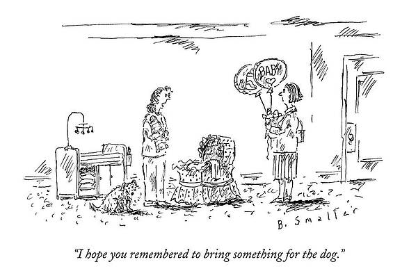 Balloon Wall Art featuring the drawing A Woman Holding A Baby Speaks To Another Woman by Barbara Smaller