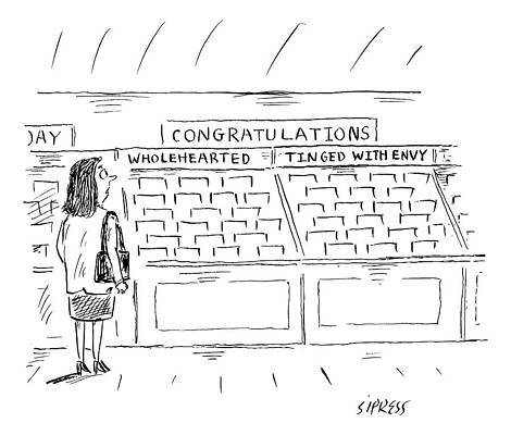 Envious Wall Art featuring the drawing A Woman In A Greeting Card Aisle Looks At Two by David Sipress