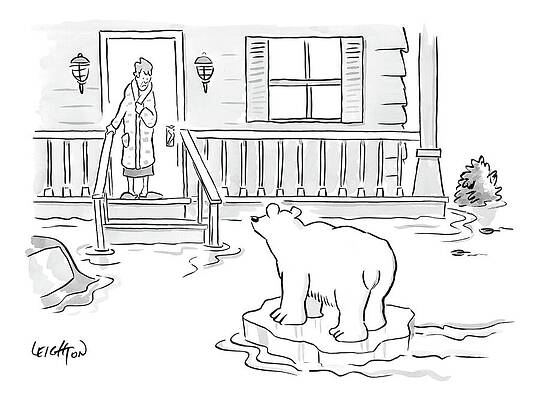 Polar Bear Drawing - A Woman In Her Bathrobe Steps Out On Her Porch by Robert Leighton