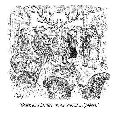 Anthropomorphic Moose Social Gathering Drawing