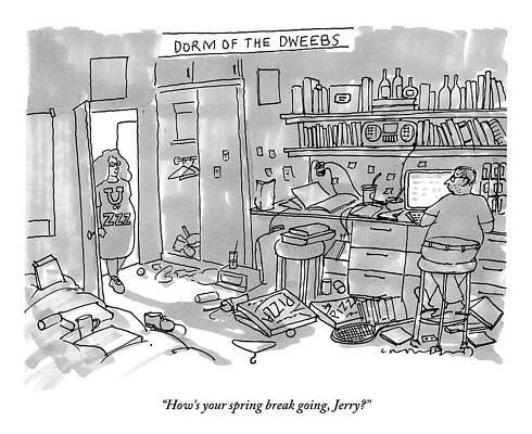 Break Wall Art featuring the drawing A Woman Is Seen Walking Into A Messy Room Talking by Michael Crawford