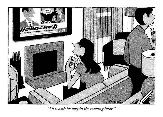 Tv Wall Art featuring the drawing A Woman Is Sitting On A Sofa Watching Tv by William Haefeli