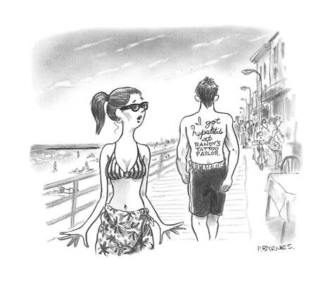 Summer Drawing - A Woman Passes A Man On The Boardwalk. Tattooed by Pat Byrnes