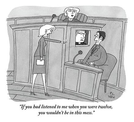 Church Wall Art featuring the drawing A Woman Points To A Man In A Court Room. Next by Peter C. Vey