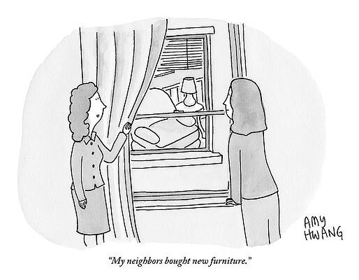 Curtain Drawing - A Woman Pulls Back The Curtain So Her Friend by Amy Hwang