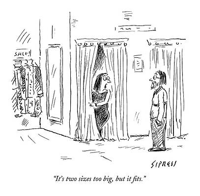 Curtain Drawing - A Woman Speaks To Her Husband While Peering by David Sipress