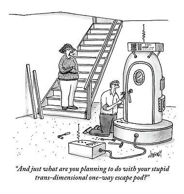 People Drawing - A Woman Stands At The Foot Of A Stair Case by Tom Cheney