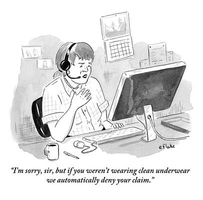 Underwear Drawing - A Worker In A Call Center Wearing An Earpiece by Emily Flake