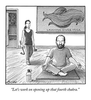 Yoga Wall Art featuring the drawing A Yoga Teacher Carrying A Crow Bar And A Mallet by Harry Bliss