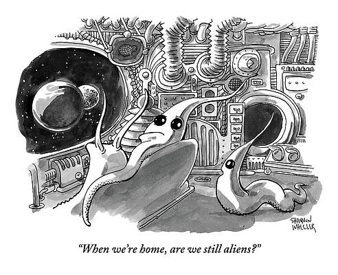 Alien Wall Art featuring the drawing A Young Alien Asks His Alien Parents A Question by Shannon Wheeler