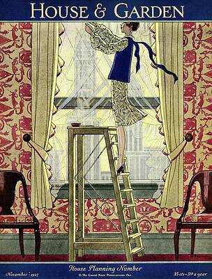 Watercolor Wall Art featuring the photograph A Young Matron Adjusting Curtains by Pierre Mourgue
