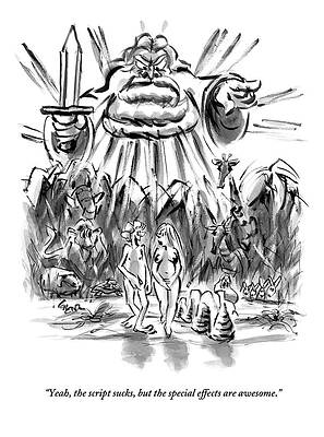 Adam Wall Art featuring the drawing Adam And Eve Are Seen Walking In The Garden by Lee Lorenz