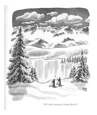 Skiers in a Snowy Mountain Landscape Drawing