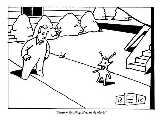 Alien Wall Art featuring the drawing An Alien Addresses A Human by Bruce Eric Kaplan