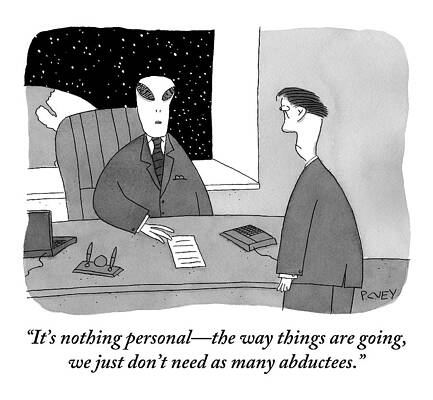 Alien Wall Art featuring the drawing An Alien Businessman Addresses A Man Standing by Peter C. Vey