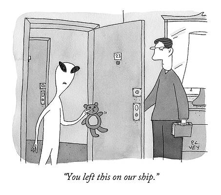 Alien Wall Art featuring the drawing An Alien Hands A Teddy Bear To A Man by Peter C. Vey