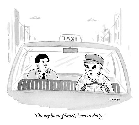 Alien Wall Art featuring the drawing An Alien Is Driving A Taxi And The Passenger by Emily Flake