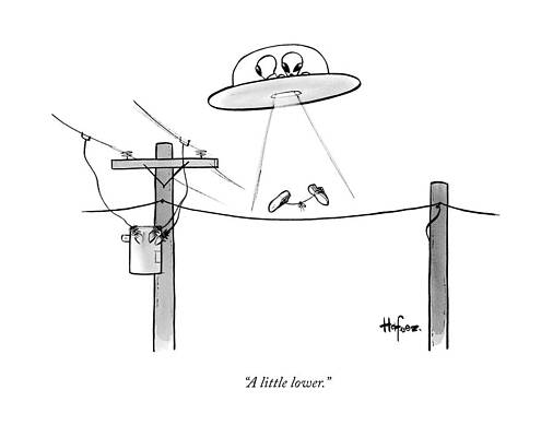 Alien Wall Art featuring the drawing An Alien Space Craft Lowers Two Sneakers Tied by Kaamran Hafeez