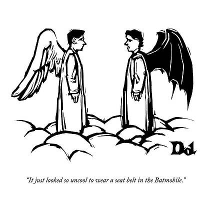 Bat Wall Art featuring the drawing An Angel With Bat Wings Speaks To An Angel by Drew Dernavich