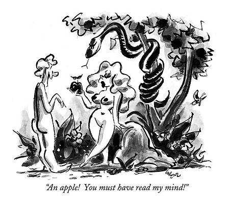 Adam Wall Art featuring the drawing An Apple!  You Must Have Read My Mind! by Lee Lorenz