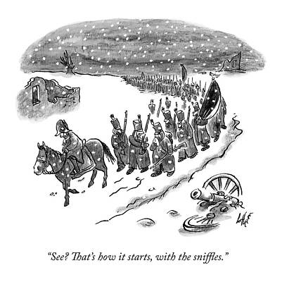 Cold Drawing - An Army Of Napoleonic Soldiers Walk Home Though by Frank Cotham