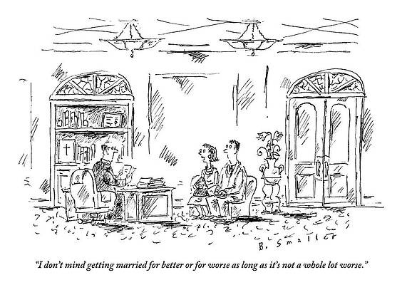 Church Wall Art featuring the drawing An Engaged Couple Meets With A Priest In A Church by Barbara Smaller