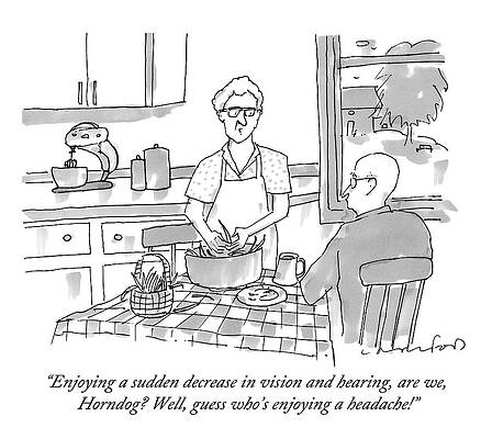 Cooking Drawing - An Old Woman Cooking In The Kitchen Talks by Michael Crawford