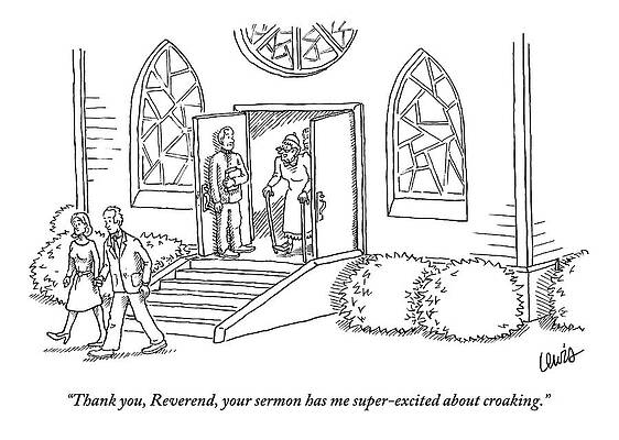 Church Wall Art featuring the drawing An Old Woman Walks Out Of Church by Eric Lewis