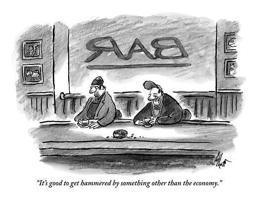 Money Wall Art featuring the drawing An Unshaven Man Says To Another Man At A Bar by Frank Cotham