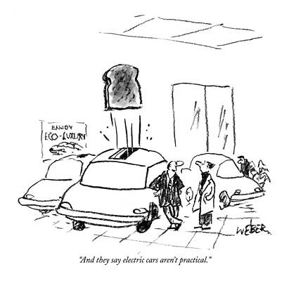 Humorous Electric Car Dealership Cartoon Wall Art