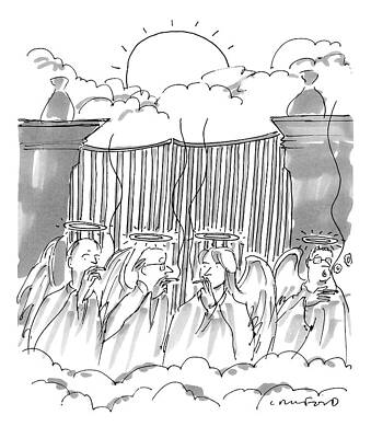 Heaven Wall Art featuring the drawing Angels Smoking Outside Of The Gates Of Heaven by Michael Crawford