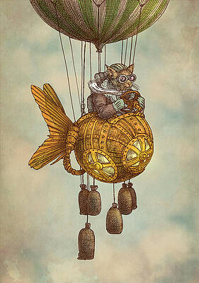 Steampunk Cat in Flying Machine Wall Art