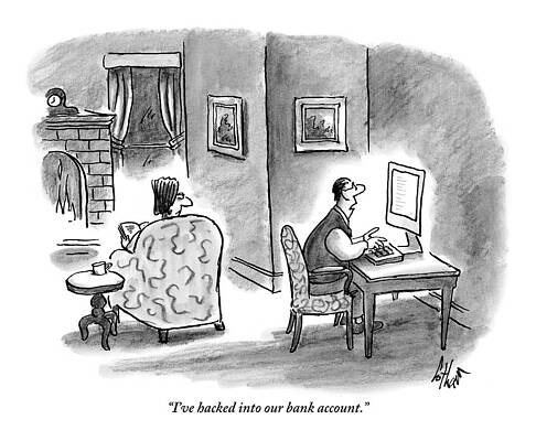 Computer Drawing - At Home, A Husband At His Computer Talks by Frank Cotham