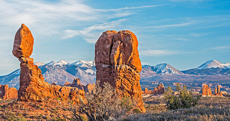 Wall Art featuring the photograph Balanced Rock And La Sal Mountains - Arches National Park Photograph by Duane Miller
