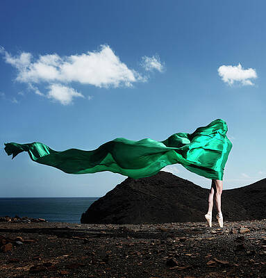 Ballet Dancer with Flowing Green Fabric Wall Art