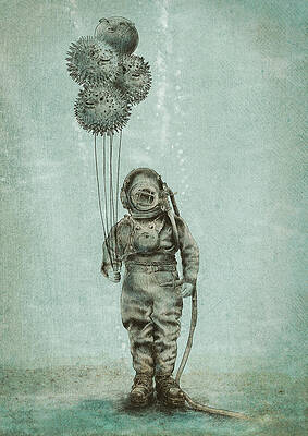 Diver Holding Pufferfish Balloons Wall Art
