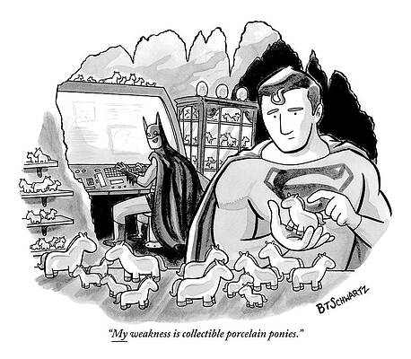 Batman Wall Art featuring the drawing Batman And Superman In Batcave Looking At Small by Benjamin Schwartz