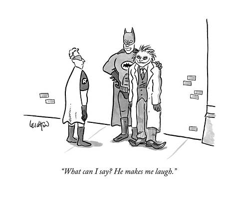 Batman Wall Art featuring the drawing Batman, With His Arm Around The Joker, Speaking by Robert Leighton