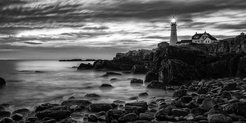 Maine Wall Art featuring the photograph Blue Hour In Black And White Portland Head Light by Jeff Sinon