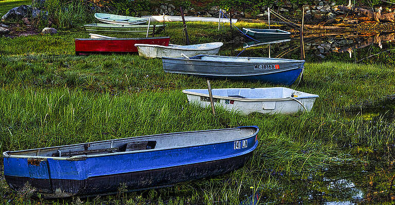 Reflection Photograph - Boats In Marsh - Cape Neddick - MAine by Steven Ralser