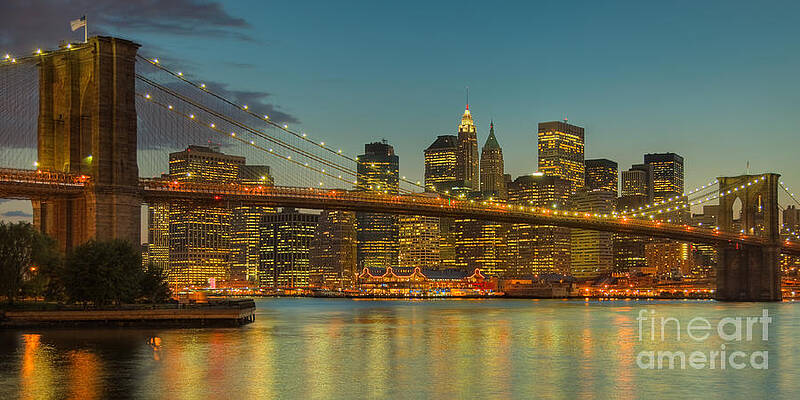 Wall Art featuring the photograph Brooklyn Bridge Twilight Panoramic by Clarence Holmes