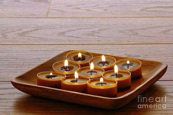 Wall Art featuring the photograph Candles In Wood Tray by Olivier Le Queinec