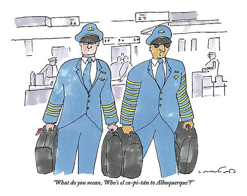 Spanish Drawing - Captain In Sunglasses Talking To Copilot by Michael Crawford