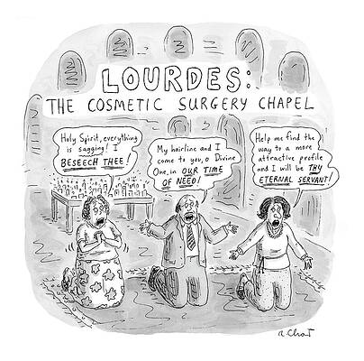 Prayer Drawing - Captionless: Lourdes: The Cosmetic Surgery Chapel by Roz Chast