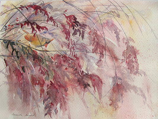 Wall Art featuring the painting Cardinal In Fall Mist by Amanda Amend