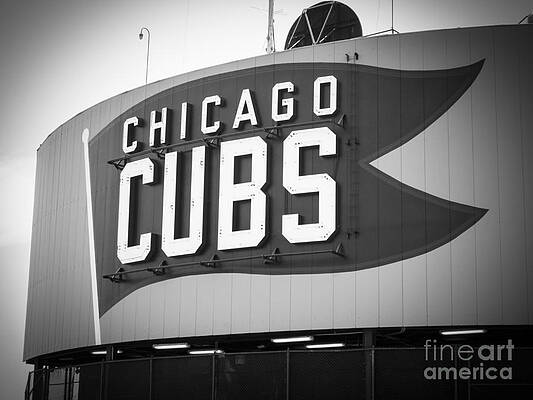 Illinois Wall Art featuring the photograph Chicago Cubs Wrigley Field Sign Black And White Picture by Paul Velgos