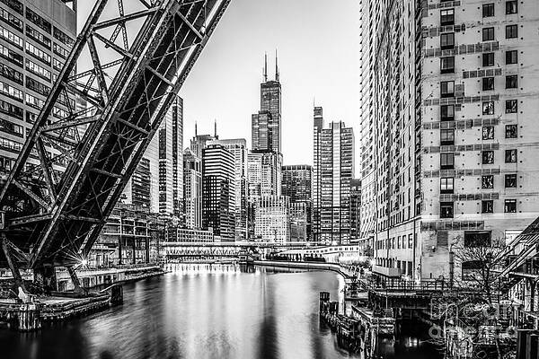 Illinois Wall Art featuring the photograph Chicago Kinzie Railroad Bridge Black And White Photo by Paul Velgos
